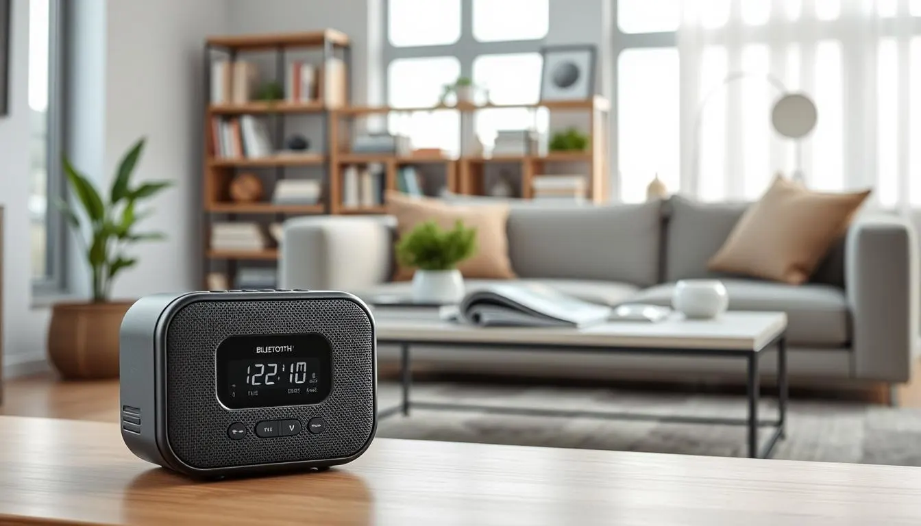 A modern Bluetooth speaker with an FM radio feature placed prominently in the foreground, showcasing its sleek, compact design with a Bluetooth logo. The speaker should have a textured finish, intuitive buttons, and a digital display indicating FM radio frequency. In the middle ground, a cozy living room setting with soft, natural light streaming through a window, highlighting a stylish coffee table adorned with a few magazines and a potted plant. The background should include a minimalist bookshelf filled with books and decorative items, creating a warm and inviting atmosphere. The overall mood is relaxed and tech-savvy, perfect for illustrating innovative audio technology. The angle should be slightly elevated to capture both the speaker and its surroundings effectively.
