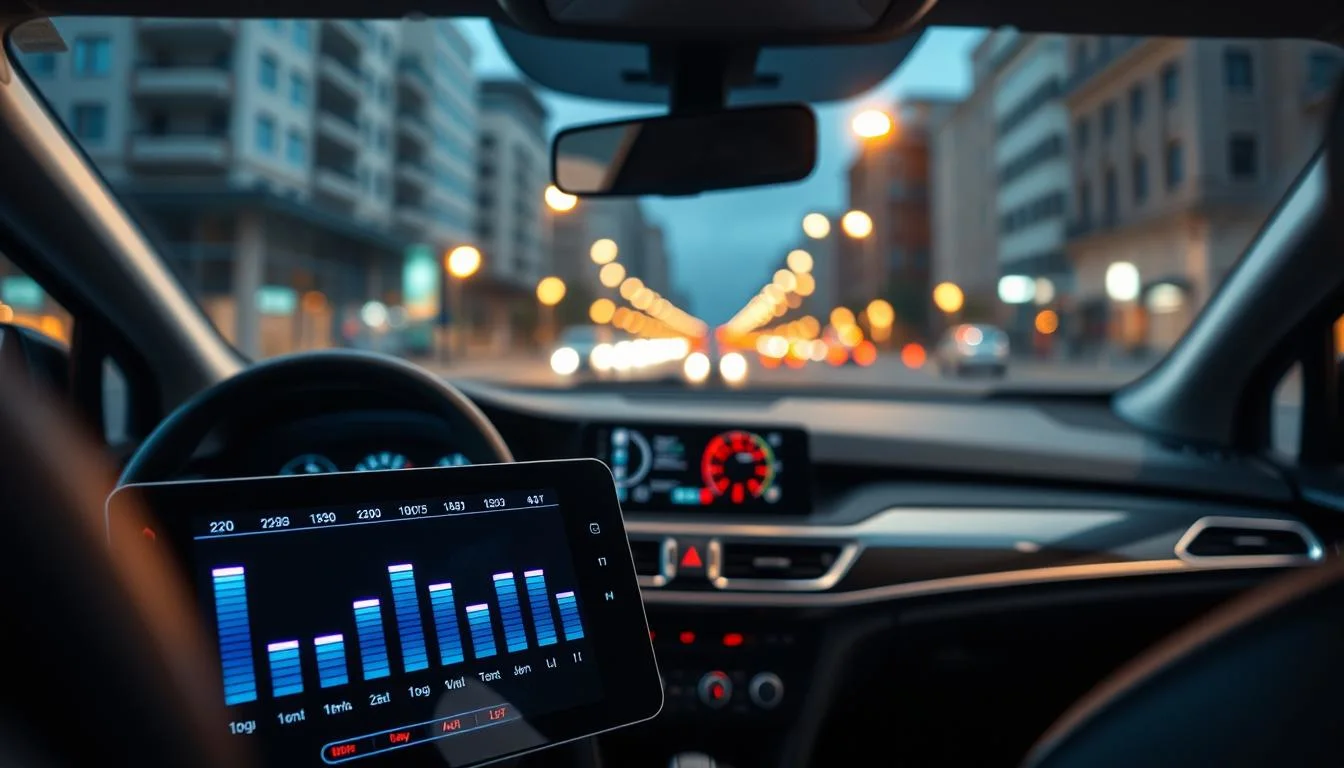 A modern car interior focused on an advanced audio equalizer display. In the foreground, a sleek, digital equalizer interface shows various frequency sliders, illuminated with vibrant colors to indicate optimal settings. In the middle, a high-tech car dashboard highlights controls, with a focus on the equalizer. The background reveals an ambient nighttime cityscape outside, with soft lighting from street lamps casting a warm glow into the vehicle. The scene conveys a mood of sophistication and expertise, emphasizing a comfortable yet professional atmosphere. Use soft, diffuse lighting to enhance clarity and depth, and a slightly angled perspective to showcase the equalizer settings prominently.