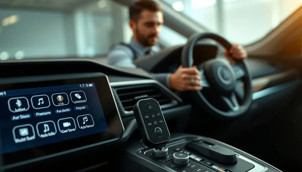 A modern car interior showcasing the design and usability of Bluetooth FM transmitters. In the foreground, a sleek dashboard featuring a large touchscreen display with intuitive icons and controls, illuminated in soft, ambient lighting. A compact Bluetooth FM transmitter is prominently displayed on the center console, demonstrating its small size and elegant design. In the middle, focus on the arrangement of buttons, highlighting their ergonomic layout and tactile feedback. The background subtly shows a driver in professional casual attire, engaging with the device, suggesting a user-friendly experience. The atmosphere is clean and modern, emphasizing innovation in car technology. Capture this scene with a warm, inviting light, using a slight wide-angle lens to showcase both the transmitter and the overall dashboard aesthetics.
