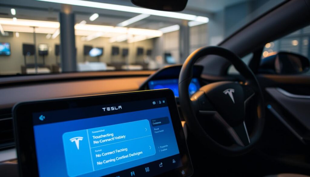 A modern, sleek Tesla touchscreen interface displaying various connectivity options prominently in the foreground. The screen is illuminated with soft blue and green hues, highlighting the menu selections for troubleshooting "No Connectivity" issues. In the middle ground, a steering wheel with integrated buttons is partially visible, hinting at user interaction. The background features a stylish, minimalistic interior of the Tesla, with ambient lighting that evokes a sense of tech-savvy environment. The overall mood is focused and professional, suggesting an engaging problem-solving atmosphere. Use a wide-angle lens effect to capture the immersive details, ensuring clear visibility of the touchscreen and steering wheel, while maintaining a balanced composition that emphasizes the technology.