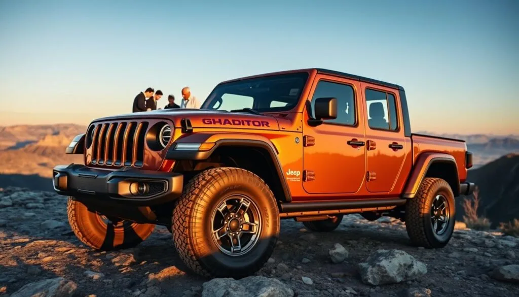 A rugged Jeep Gladiator parked on a rocky outcrop, showcasing its durability and reliability in the wild. In the foreground, the vehicle's glossy finish reflects the golden hues of the late afternoon sun, highlighting its robust body design and all-terrain tires. In the middle ground, a small team of diverse individuals in professional attire examines the engine and other key components, symbolizing thorough long-term testing. In the background, a panoramic view of a mountainous landscape under a clear blue sky adds a sense of adventure and resilience. The lighting is warm and inviting, capturing the essence of a hardworking vehicle thriving in real-world environments. The overall mood conveys trustworthiness, strength, and a connection to nature.