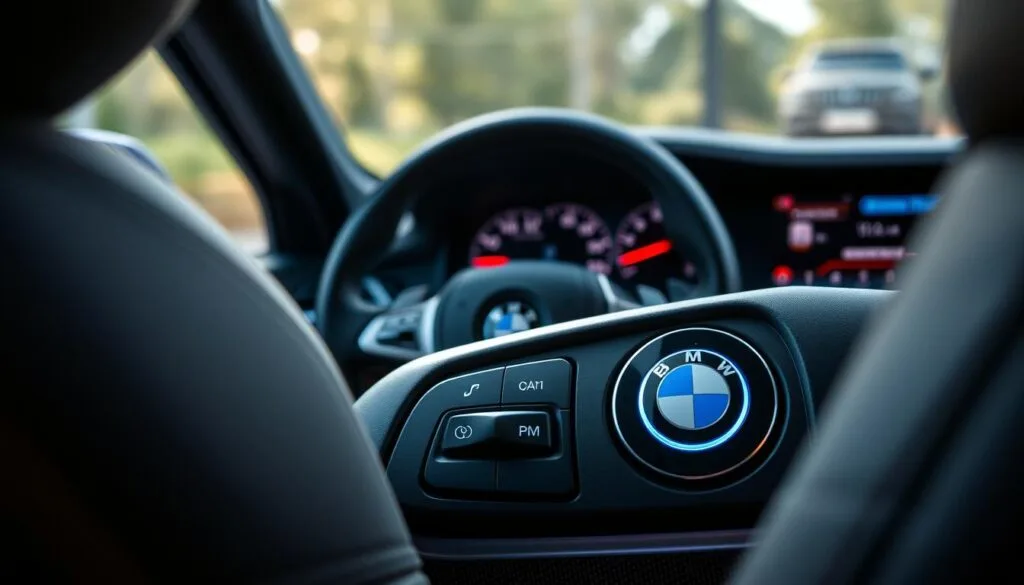 A sleek BMW interior showcasing the adaptive suspension button focused on "Comfort Sport Sport+ Mode". In the foreground, a modern dashboard with a close-up view of the button, illuminated with a soft blue glow, highlighting its features. The middle layer reveals a smooth leather steering wheel and elegant control knobs, all designed with a luxurious finish. In the background, dials and screens display performance metrics and ambient lighting that shift from calming blue in Comfort Mode to dynamic red in Sport+ Mode. The atmosphere is sophisticated and high-tech, with soft natural lighting flooding the cabin, emphasizing the elegance of modern driving technology. Capture the essence of luxury and performance in a harmonious blend.