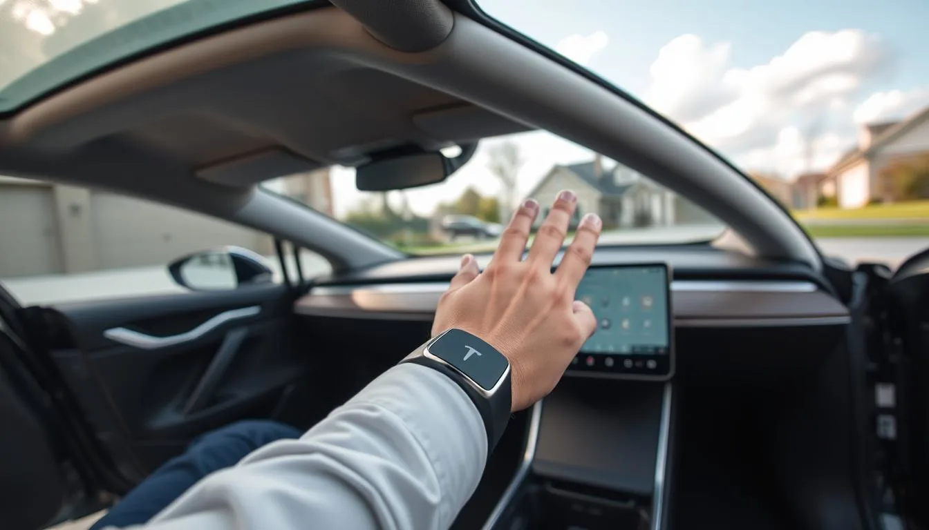 A sleek Tesla model parked in a driveway, showcasing the car's neutral mode activation. In the foreground, the gear selector lever prominently features the 'N' symbol for neutral, with a hand gently resting on it, dressed in a smart casual outfit. The middle ground captures the car's dashboard displaying a clear view of the screens with a focus on the vehicle settings, exuding a modern and high-tech vibe. In the background, a suburban setting with a bright blue sky and fluffy clouds, illuminated by soft, natural light, creates an inviting atmosphere. The overall mood is calm and instructional, aimed at conveying the ease of transitioning the Tesla into neutral safely and effortlessly.