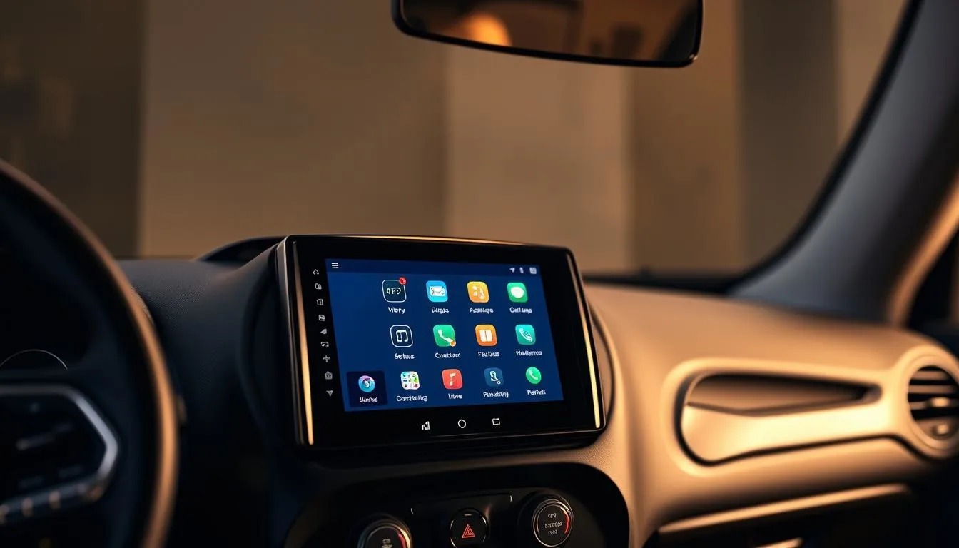 A sleek aftermarket touchscreen radio designed specifically for a Jeep Renegade, prominently featured in the foreground with sharp detail revealing its high-resolution display and intuitive interface. The background showcases the interior of a Jeep Renegade, with the dashboard and steering wheel subtly visible, creating a cohesive environment. Soft, ambient lighting simulates a warm, inviting atmosphere inside the vehicle, highlighting the radio's modern features. The angle captures the radio at a slight perspective, emphasizing its size and integration into the car&rsquo;s interior. The overall mood conveys a sense of innovation and excitement for vehicle upgrades, appealing to Jeep enthusiasts looking for cutting-edge audio solutions.