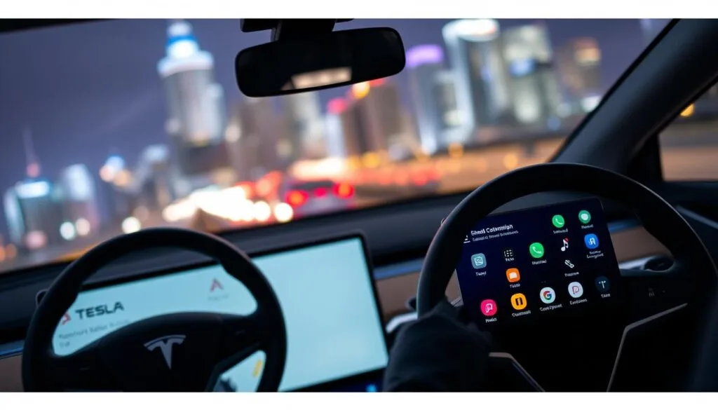 A sleek and futuristic Android Auto screen displayed prominently in a modern Tesla dashboard. The foreground features a high-resolution touchscreen with vibrant app icons for navigation, music, and communication, glowing softly in the ambient lighting of the vehicle's interior. In the middle ground, the car's minimalist design elements can be seen, showcasing a stylish steering wheel and premium materials. The background captures a blurred view of a dynamic cityscape through the car's panoramic window, illuminated by colorful night lights. Soft, diffused lighting creates an inviting atmosphere, emphasizing the cutting-edge technology of the Android interface. The angle of the image is slightly tilted from the driver's perspective, giving a sense of immersion and usability. A sleek and futuristic Android Auto screen displayed prominently in a modern Tesla dashboard. The foreground features a high-resolution touchscreen with vibrant app icons for navigation, music, and communication, glowing softly in the ambient lighting of the vehicle's interior. In the middle ground, the car's minimalist design elements can be seen, showcasing a stylish steering wheel and premium materials. The background captures a blurred view of a dynamic cityscape through the car's panoramic window, illuminated by colorful night lights. Soft, diffused lighting creates an inviting atmosphere, emphasizing the cutting-edge technology of the Android interface. The angle of the image is slightly tilted from the driver's perspective, giving a sense of immersion and usability.