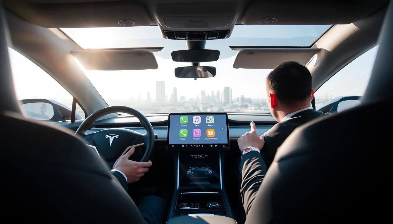 A sleek and modern Tesla interior showcasing Apple CarPlay on the central touchscreen display. The foreground features the glossy touchscreen interface, vividly displaying a colorful and user-friendly Apple CarPlay menu with app icons like Maps, Music, and Messages. The middle ground includes the driver's seat, with a person dressed in professional business attire, attentively interacting with the interface, showcasing a seamless blend of technology and driving. The background depicts the Tesla's luxurious dashboard and panoramic windows revealing a sunny cityscape, adding to the high-tech atmosphere. Soft, natural lighting bathes the scene, creating a vibrant and inviting mood, while maintaining a focus on the innovative features of Apple CarPlay integrated into the Tesla environment.