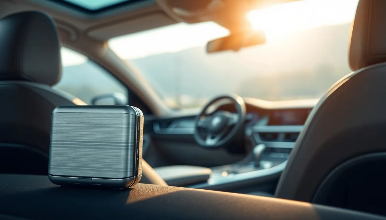 A sleek and modern car Bluetooth speaker prominently displayed in the foreground, showcasing its compact, stylish design with smooth lines and subtle LED indicators. The speaker features a metallic finish with a tactile control interface. In the middle ground, a well-designed car interior is visible, with plush seats and an elegant dashboard, emphasizing a high-tech environment. The background exhibits a blurred view of an open road through the car windows, enhancing the sense of mobility. Soft, natural lighting streams in from the car windows, highlighting the speaker&rsquo;s features and creating a warm, inviting atmosphere. The image is captured at a slightly elevated angle, providing a dynamic perspective while maintaining focus on the speaker as the main subject.