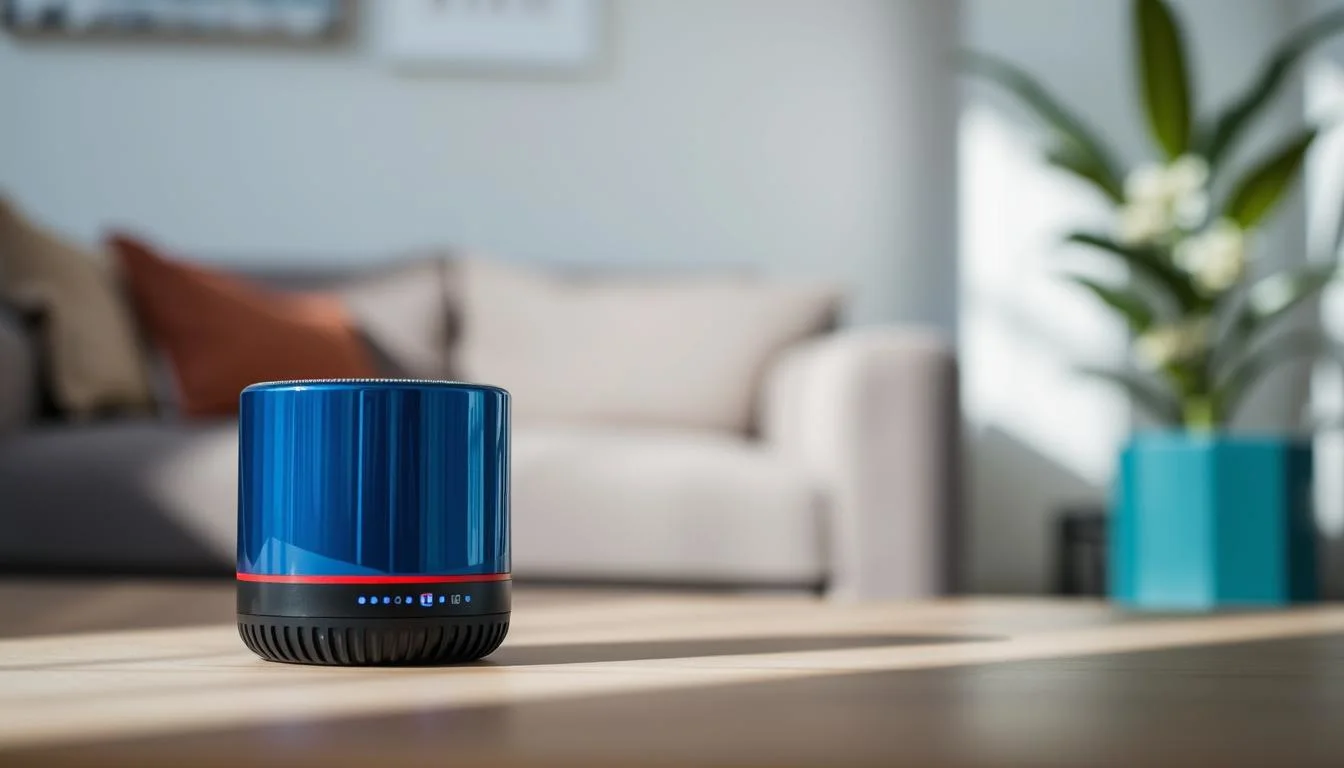 A sleek mini Bluetooth speaker sits in the foreground, showcasing its cylindrical shape and vibrant color options like blue, red, and black. The device features glossy finishes and subtle LED indicators, capturing the essence of modern technology. In the middle ground, soft, diffused lighting illuminates the speaker, casting gentle shadows that emphasize its contours. In the background, hints of a cozy living space are visible, such as a stylish sofa and a decorative plant, creating an inviting atmosphere. The scene is captured with a shallow depth of field, focusing on the speaker while keeping the background slightly blurred. The overall mood is contemporary and relaxed, highlighting the speaker as the centerpiece of a modern lifestyle setting.
