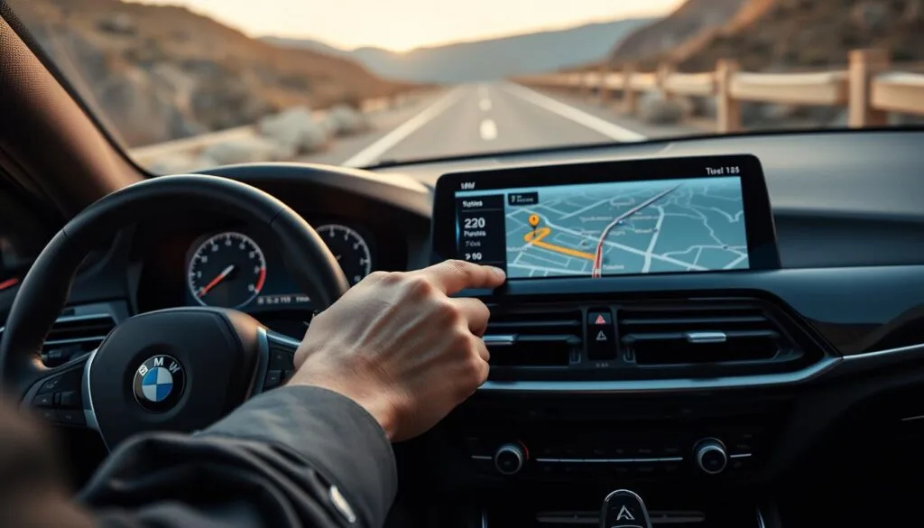 A sleek, modern BMW infotainment screen displaying a navigation interface, prominently featuring a detailed map with route options and location markers. In the foreground, a hand in a business casual cuffed shirt interacts with the touchscreen, showing the troubleshooting process. The middle ground includes polished car interior elements like dials and leather accents, emphasizing a high-tech feel. The background showcases a blurred view of a scenic road ahead, hinting at the journey. Soft, ambient lighting highlights the screen while creating a warm yet focused atmosphere, shot from a slight angle to capture both the interface and the driver&rsquo;s engagement. The overall mood should feel professional and tech-savvy, illustrating the concept of navigation in a troubleshooting context without any distractions.