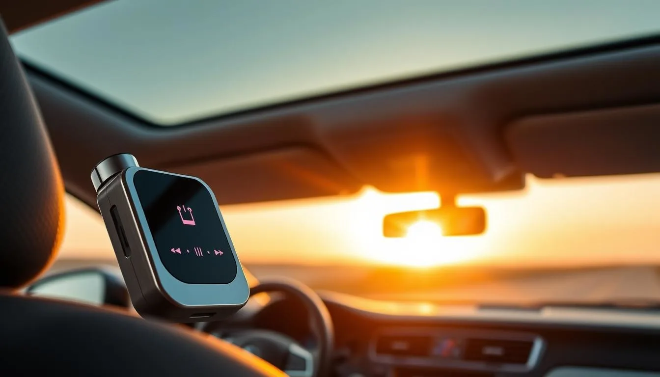 A sleek, modern Bluetooth FM transmitter is prominently displayed in the foreground, featuring glossy black and silver finishes with clear LED indicators. The device has a compact design with an intuitive interface, including buttons for tuning and volume control. In the middle ground, a blurred view of a stylish car interior can be seen, showcasing a dashboard and modern audio system, emphasizing the transmitter's use in a vehicle. The background features a soft-focus sunset with warm, golden light streaming through the car windows, creating a relaxed and inviting atmosphere. The image is captured with a slight tilt but maintains a focus on the transmitter, enhancing its importance. The lighting brings out the details of the transmitter and the luxurious feel of the car interior, perfect for representing technology for car enthusiasts.