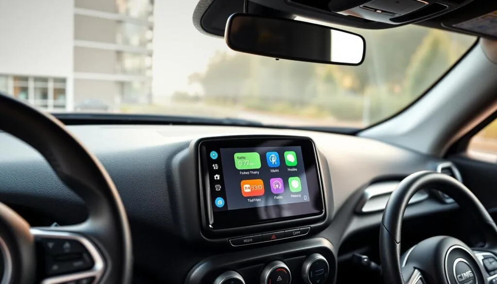 A sleek, modern aftermarket touchscreen radio designed for a Jeep Renegade, prominently displayed in an interior setting of a Jeep vehicle. The dashboard features a well-lit, high-resolution display with vibrant colors showcasing various media options. The radio has a polished finish, seamlessly integrating with the Jeep's interior design. Surrounding the radio, visible dashboard elements include stylish air vents and a leather steering wheel, adding to the automotive ambiance. Soft, natural lighting filters through the windshield, enhancing the professional look. The angle captures the dashboard from slightly above and to the side, offering a dynamic perspective. The mood is modern and tech-savvy, emphasizing the innovative features and user-friendly interface of the aftermarket radio. A sleek, modern aftermarket touchscreen radio designed for a Jeep Renegade, prominently displayed in an interior setting of a Jeep vehicle. The dashboard features a well-lit, high-resolution display with vibrant colors showcasing various media options. The radio has a polished finish, seamlessly integrating with the Jeep's interior design. Surrounding the radio, visible dashboard elements include stylish air vents and a leather steering wheel, adding to the automotive ambiance. Soft, natural lighting filters through the windshield, enhancing the professional look. The angle captures the dashboard from slightly above and to the side, offering a dynamic perspective. The mood is modern and tech-savvy, emphasizing the innovative features and user-friendly interface of the aftermarket radio.
