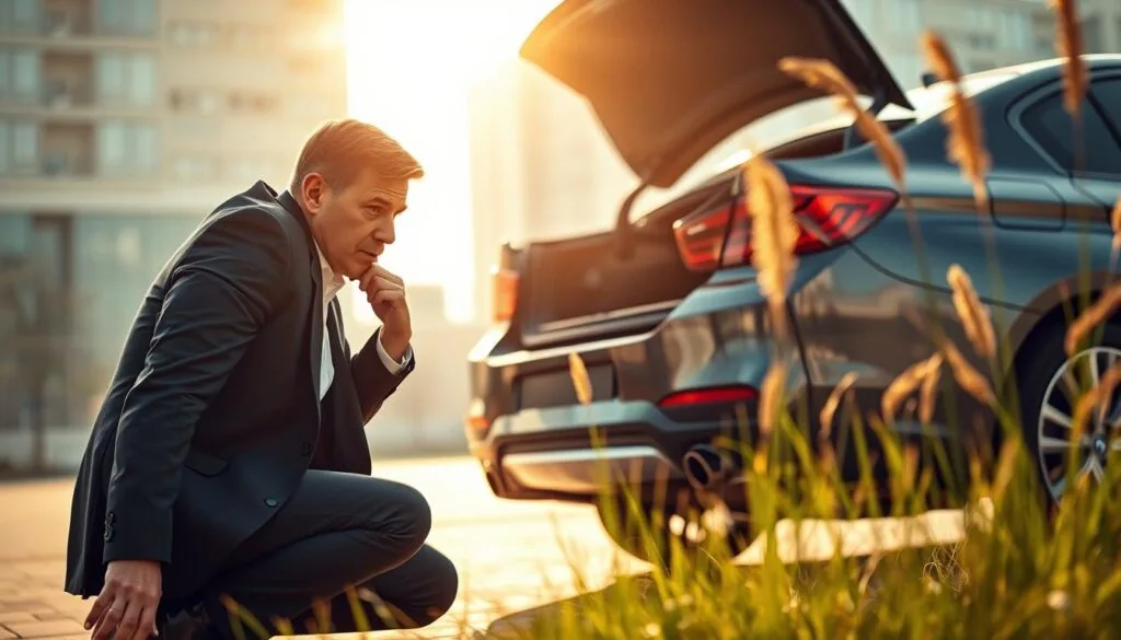 A tense moment as a person in professional business attire kneels by a luxury BMW parked in an outdoor area, attempting trunk access. The foreground captures their focused expression, with one hand reaching towards the vehicle&rsquo;s trunk, emphasizing urgency. In the middle ground, the car&rsquo;s sleek lines shimmer under soft afternoon sunlight, with a partially open trunk hinting at trouble inside. In the background, a blurred urban environment creates a sense of isolation, while tall grass sways gently in the breeze. The scene is framed with a warm golden hue, evoking an atmosphere of hope and determination. The angle is slightly elevated, capturing both the individual and the vehicle's details.