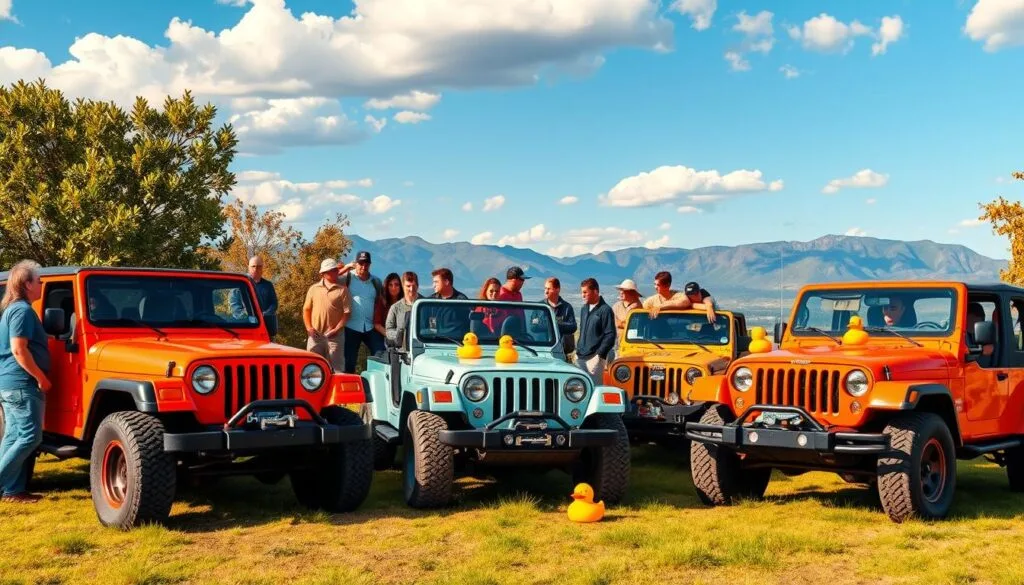 A vibrant and dynamic scene showcasing a Jeep community gathering at a scenic outdoor location, such as a lush green park or rugged mountains. In the foreground, a diverse group of enthusiasts dressed in casual, comfortable clothing, interacting around colorful Jeep models, including a classic CJ and a modern Wrangler. The middle ground features various Jeeps parked together, adorned with playful rubber duckies, reflecting the unique community spirit. The background shows a clear blue sky with fluffy white clouds and distant mountains. The lighting is warm and inviting, capturing a golden hour atmosphere. The image should evoke a sense of camaraderie and shared passion among Jeep owners, highlighting the community aspect without any text or distractions.