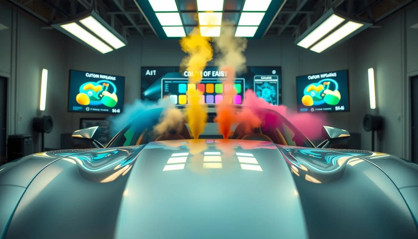 A vibrant and dynamic virtual car paint simulation booth, showcasing a sleek sports car in the foreground, with the car&rsquo;s smooth contours reflecting a variety of custom paint colors and textures. In the middle, digital paint spray nozzles emit colorful mist, creating an immersive interactive environment. The background features high-tech screens displaying color options and design tools, illuminated by soft, futuristic lighting that enhances the sheen of the car's surface. A sense of creativity and innovation pervades the atmosphere, with a focus on the precision of auto customization. The angle captures the booth from a slightly elevated perspective, giving depth to the scene and emphasizing the modernity of the virtual experience.