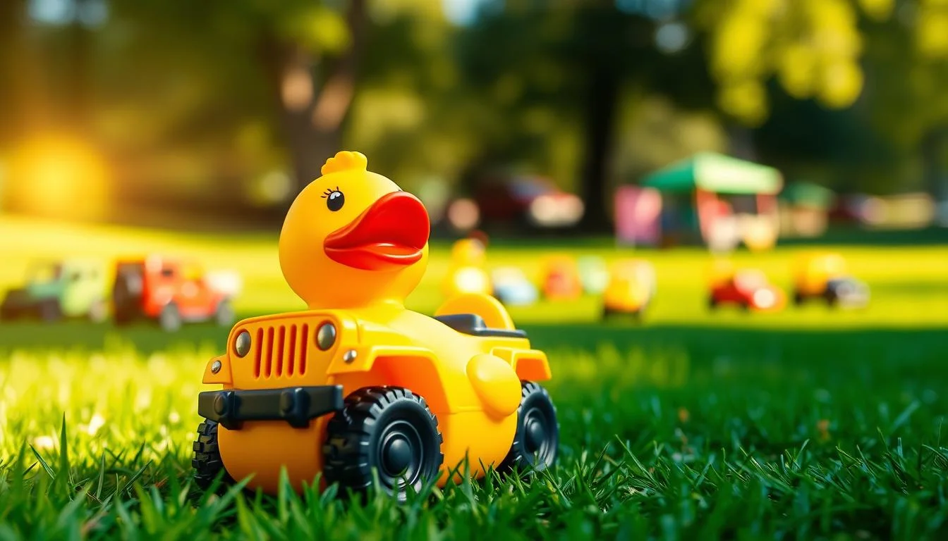 A vibrant scene featuring a bright yellow rubber duck styled as a Jeep, prominently displayed in the foreground. The duck should have distinctive Jeep design elements like a miniature grille and rugged tires, giving it an adventurous look. In the middle ground, a soft-focus background of a sunlit park with green grass and scattered colorful Jeep toys enhances the playful atmosphere. The lighting is warm and inviting, with the sun casting gentle rays that create a cheerful ambiance, accentuating the vibrant colors of the duck. Use a shallow depth of field to keep the focus on the Jeep rubber duck while blurring the background, creating a sense of whimsy and fun that captures the surprising essence of Jeep rubber duckies.
