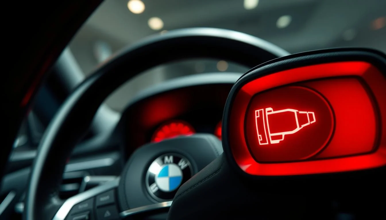 A visually striking illustration of a BMW transmission warning light illuminated on a dark automotive dashboard. In the foreground, focus on the vivid red transmission warning icon, clearly displaying the transmission symbol. The middle ground features a sleek, modern BMW interior with the steering wheel partially visible, highlighting the premium materials and technology. In the background, dim ambient lighting adds tension to the scene, evoking a sense of urgency and seriousness. Use a dynamic angle, as if viewed from the driver's perspective, to enhance engagement. The overall mood should convey the importance of immediate attention to potential transmission faults, emphasizing both the luxury and technical aspects of the BMW vehicle.