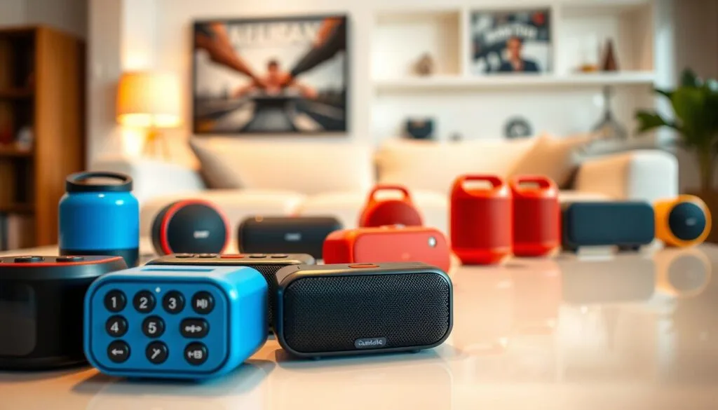 A well-arranged display of modern Bluetooth speakers, showcasing a variety of designs and colors, including compact, portable styles with sleek finishes and larger, more robust models. In the foreground, a selection of speakers in vibrant hues such as blue, red, and black, feature prominent buttons and sleek profiles. In the middle ground, additional speakers are set against a clean, white surface that reflects their glossy surfaces, highlighting their features. The background softly blurs with a cozy living room ambiance, featuring warm lighting that creates an inviting mood. The image is shot at eye level with a shallow depth of field, focusing clearly on the speakers while the background hints at a relaxed atmosphere.