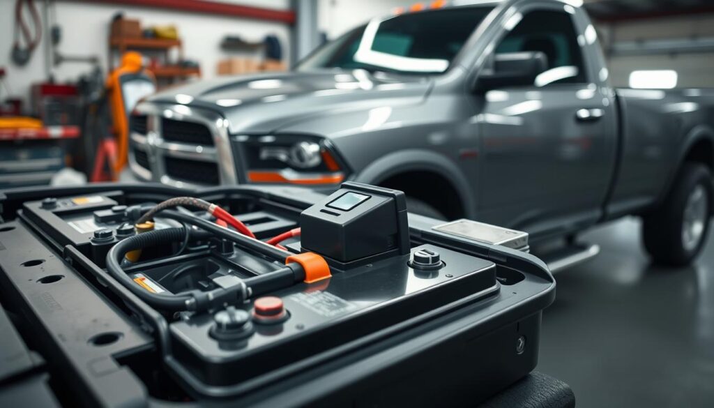 A Dodge Ram 1500 truck parked in an automotive garage, showcasing the battery area open with visible cables, terminals, and a prominent battery reset switch. In the foreground, focus on the intricate details of the battery and its connections, capturing the essence of a technical reset. The middle ground features the truck's sleek design, highlighting its powerful stance and modern features, with a slightly angled view to convey depth. The background shows blurred automotive tools and shelves, adding to the garage atmosphere. Soft, natural lighting illuminates the scene, creating a professional and informative mood, perfect for an instructional article. A Dodge Ram 1500 truck parked in an automotive garage, showcasing the battery area open with visible cables, terminals, and a prominent battery reset switch. In the foreground, focus on the intricate details of the battery and its connections, capturing the essence of a technical reset. The middle ground features the truck's sleek design, highlighting its powerful stance and modern features, with a slightly angled view to convey depth. The background shows blurred automotive tools and shelves, adding to the garage atmosphere. Soft, natural lighting illuminates the scene, creating a professional and informative mood, perfect for an instructional article.