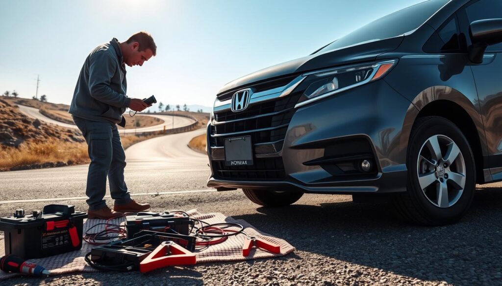 A Honda Odyssey parked on a roadside, hood open, with a technician in professional attire inspecting the battery. The technician is focused on the battery connections, using a flashlight to examine the cables. In the foreground, tools are neatly arranged on a blanket beside the van, and a jumper cable is visible. The middle ground features a bright day with a clear blue sky, emphasizing the urgency of the situation. In the background, a distant view of a winding road with a few scattered trees enhances the roadside setting. Soft, natural lighting highlights the scene, creating a sense of focus and professionalism, with a calm yet urgent atmosphere conveying the need for roadside assistance.
