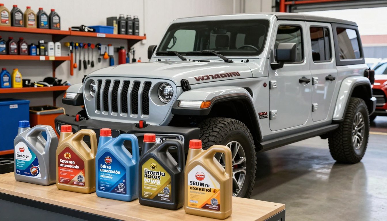A Jeep Gladiator parked in an auto shop, showcasing various types of motor oil displayed on a workbench beside it. In the foreground, there are several oil containers labeled for different engine types, emphasizing the selection process. The middle ground features the Jeep Gladiator with its rugged design and shiny exterior, highlighting its off-road capabilities. In the background, shelves filled with automotive tools and oil change equipment create a workshop atmosphere. The lighting is bright and focused, simulating a clear midday environment, enhancing the vibrant colors of the oil containers and the Jeep&rsquo;s paint. The mood conveys a sense of professionalism and attention to detail, perfect for a vehicle maintenance setting.