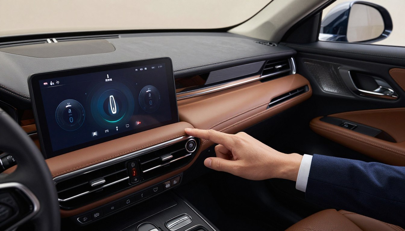 A Lincoln Nautilus interior with a close-up view of the dashboard, focusing on the digital display showing the oil life percentage. The scene is well-lit with soft ambient lighting highlighting the elegant design of the car's interior. In the foreground, a hand in professional business attire is gently pressing the reset button on the dashboard interface. In the background, the sleek contours of the Nautilus and its luxurious leather seats can be seen, adding to the upscale atmosphere. The image evokes a sense of ease and professionalism, suitable for instructive content about vehicle maintenance. The angle captures the dashboard from a slight above perspective to showcase the depth and detail of the interface.