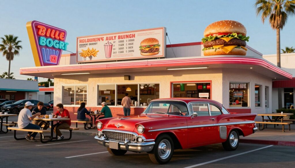 A classic burger joint scene featuring a vibrant, retro exterior with neon signs and colorful decorations. In the foreground, a shiny red vintage car parked in front of the bustling entrance, people in modest casual clothing enjoying their meals on outdoor picnic tables. The middle ground includes a large menu board showcasing mouthwatering burgers, fries, and shakes, with tantalizing details. In the background, an Americana-inspired landscape with palm trees and a clear blue sky enhances the nostalgic atmosphere. Soft golden hour lighting cascades over the scene, creating a warm and inviting mood. The angle captures the essence of a quintessential burger stop for road trippers, emphasizing the charm and excitement of classic American dining. A classic burger joint scene featuring a vibrant, retro exterior with neon signs and colorful decorations. In the foreground, a shiny red vintage car parked in front of the bustling entrance, people in modest casual clothing enjoying their meals on outdoor picnic tables. The middle ground includes a large menu board showcasing mouthwatering burgers, fries, and shakes, with tantalizing details. In the background, an Americana-inspired landscape with palm trees and a clear blue sky enhances the nostalgic atmosphere. Soft golden hour lighting cascades over the scene, creating a warm and inviting mood. The angle captures the essence of a quintessential burger stop for road trippers, emphasizing the charm and excitement of classic American dining.
