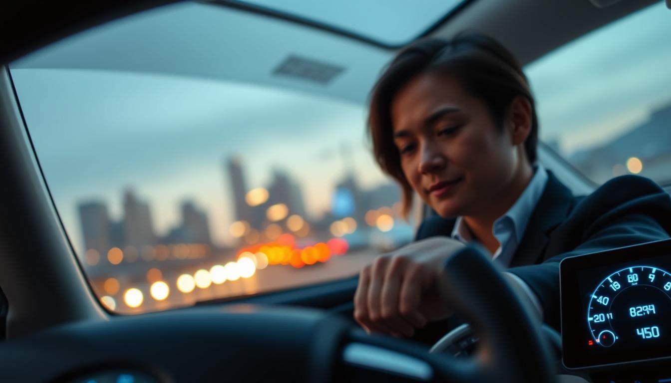 A close-up image of a modern Toyota vehicle's dashboard, specifically highlighting the Auto Start Stop feature. In the foreground, showcase the dashboard buttons, illuminated with a soft blue light, indicating functionality. In the middle ground, display a driver in professional attire, focused on the dashboard, with a relaxed but attentive facial expression. The background features a subtle blur of a cityscape through the windshield, capturing an early evening ambiance with warm, diffused lighting. The mood is calm and professional, emphasizing the theme of vehicle operation and control. The image should have a slightly elevated angle to provide clarity on the buttons and controls without distractions or any text overlays.