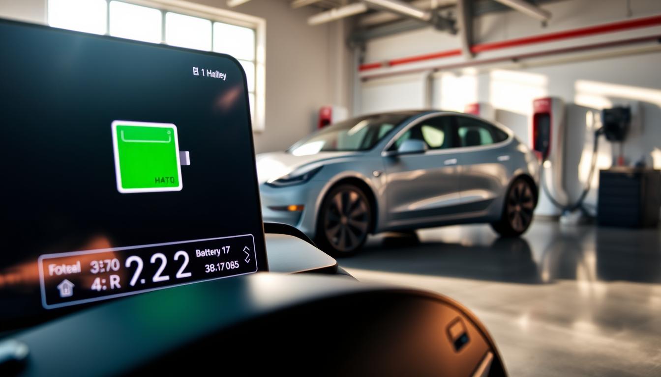 A close-up of a Tesla Model 3 battery display showing health metrics on a sleek digital dashboard. In the foreground, the vibrant screen illustrates a green battery icon, numeric data showing the battery's state of charge, and detailed readouts of voltage and temperature. The middle ground features a well-maintained Tesla Model 3, highlighting its aerodynamic curves and modern design, parked in a bright, sunlit garage with polished concrete floors. In the background, subtle hints of charging equipment can be seen, creating a high-tech atmosphere. Soft, natural light streams in, enhancing the sleek finish of the car with warmth. The overall mood is informative and professional, capturing the essence of advanced electric vehicle technology and care.