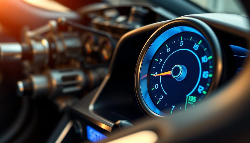 A close-up of a digital transmission temperature gauge, prominently displayed in the foreground. The gauge features a circular design with a clear, easy-to-read dial showing temperature readings, illuminated with a soft blue backlight for clarity. The needle points towards the optimal temperature range, emphasized with a bright green segment. In the middle ground, a sleek, modern dashboard surrounds the gauge, with subtle reflections suggesting a well-maintained vehicle interior. The background features a slightly blurred view of an engine bay, with metallic components hinting at the complexity of the transmission system. The lighting is warm and inviting, creating a professional atmosphere, suitable for an informative article. The overall mood is technical yet approachable, emphasizing the importance of monitoring transmission temperature for vehicle maintenance. A close-up of a digital transmission temperature gauge, prominently displayed in the foreground. The gauge features a circular design with a clear, easy-to-read dial showing temperature readings, illuminated with a soft blue backlight for clarity. The needle points towards the optimal temperature range, emphasized with a bright green segment. In the middle ground, a sleek, modern dashboard surrounds the gauge, with subtle reflections suggesting a well-maintained vehicle interior. The background features a slightly blurred view of an engine bay, with metallic components hinting at the complexity of the transmission system. The lighting is warm and inviting, creating a professional atmosphere, suitable for an informative article. The overall mood is technical yet approachable, emphasizing the importance of monitoring transmission temperature for vehicle maintenance.