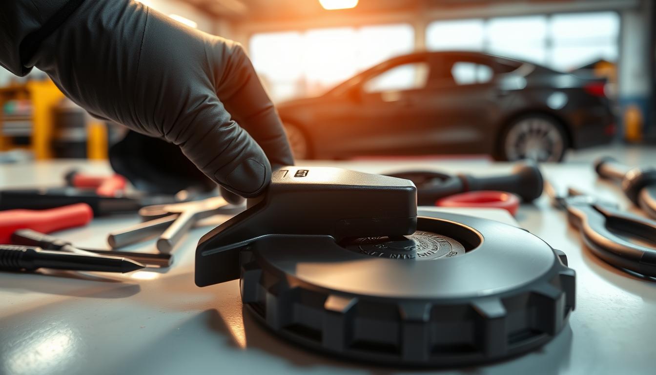 A close-up of a gas cap lying on a clean, well-lit automotive workbench. The gas cap features a detailed, glossy plastic surface, with a textured grip and an intricate locking mechanism visible. In the foreground, a hand wearing a black mechanic's glove reaches for the gas cap, demonstrating the action of inspecting it. The middle ground includes various automotive tools, such as pliers and screwdrivers, neatly arranged, adding context to the repair theme. The background features a softly blurred garage setting with faint hints of a car silhouette, illuminated by warm, ambient lighting. The overall mood conveys a sense of diligence and technical care, emphasizing the importance of proper automotive maintenance.