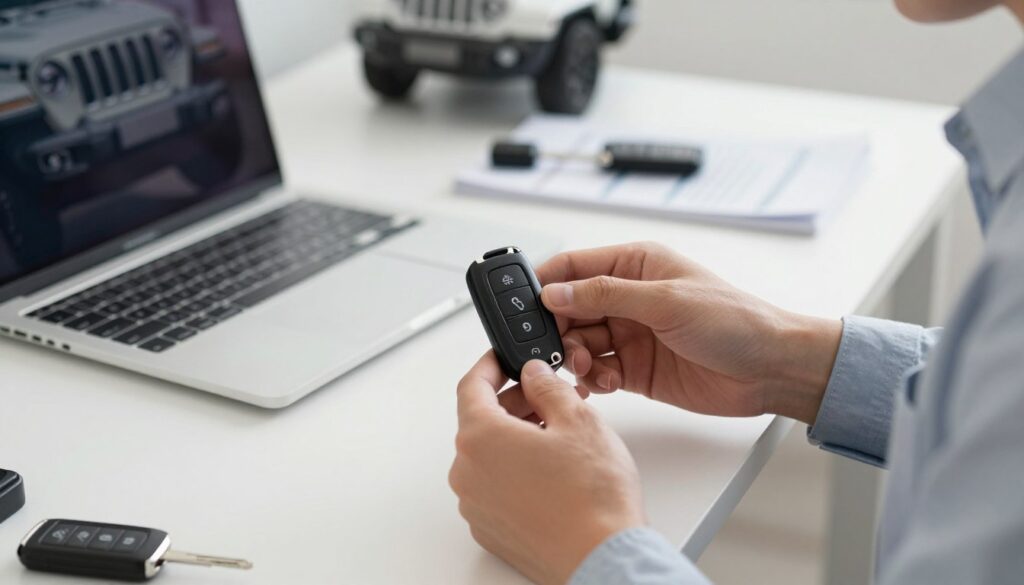 A close-up scene of a person in a professional outfit sitting at a clean, well-organized workspace. The individual is focused on programming a Jeep key fob using a laptop, with a Jeep vehicle visible in the background. The foreground features a detailed view of the key fob, highlighting buttons and features. Soft, diffused lighting creates a calm atmosphere, accentuating the sleek, modern design of the workspace with minimal clutter. The background should include hints of automotive tools and manuals, suggesting a DIY environment. The camera angle is slightly tilted, drawing attention to the key fob in the person's hand, emphasizing the step-by-step programming process while maintaining an overall professional look.