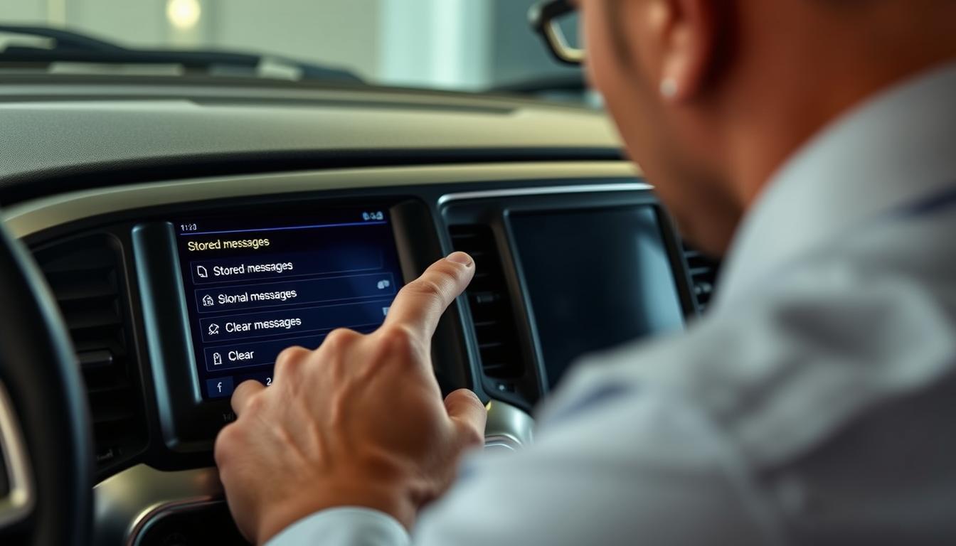 A close-up scene of the interior dashboard of a Dodge Ram 1500, highlighting the touchscreen display where stored messages are located. The screen displays a clear and precise menu of options for clearing messages, with a finger poised over the 