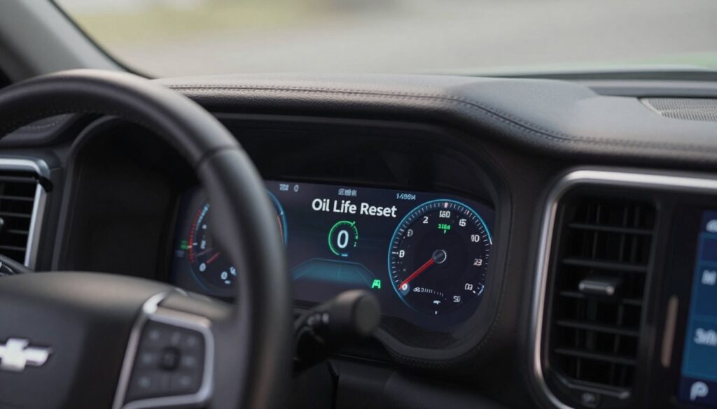 A close-up view of a Chevy Silverado dashboard featuring the oil life reset display on the screen. The foreground includes the vehicle's steering wheel partially visible, adorned with sleek controls. In the middle, the vibrant digital display shows a prominent "Oil Life Reset" message with detailed graphics. The background reveals the car's interior, emphasizing a modern and clean design with soft ambient lighting creating an inviting atmosphere. The scene is captured with a 50mm lens to highlight the details sharply while softly blurring the background. The overall mood reflects clarity and functionality, ideal for automotive enthusiasts.