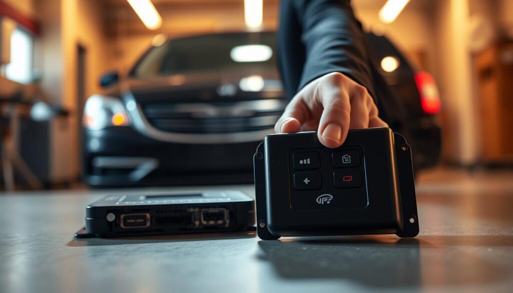 A close-up view of a Chrysler Town and Country remote start module, prominently displayed in the foreground. The module is sleek and modern, showcasing its intricate circuitry and compact design, with clear labels on its buttons. In the middle ground, a hand in professional business attire is gently holding the module, illustrating its usability. The background features a dimly lit garage setting, highlighting the warmth of soft lighting that casts a glow on the module, creating an inviting atmosphere. The camera angle is slightly tilted, emphasizing the device's perspective. A sense of focus and clarity encapsulates the scene, reflecting a professional and informative mood.