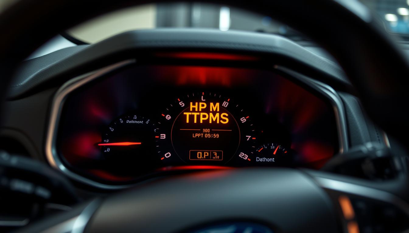 A close-up view of a Ford Edge dashboard, prominently featuring the TPMS (Tire Pressure Monitoring System) warning light glowing brightly in the instrument cluster. The dashboard has a sleek design, with dark materials and chrome accents that reflect the light softly. There should be detailed gauges and buttons visible in the background, creating a sense of depth. The foreground focuses on the TPMS light, showcasing its vibrant amber color against the dark dashboard. The scene is illuminated with soft ambient lighting, capturing the modern vehicle interior ambiance. The angle is slightly tilted, emphasizing the driver&rsquo;s perspective, with a shallow depth of field to blur the background. This image conveys a professional and informative atmosphere, perfectly suited for an automotive article.