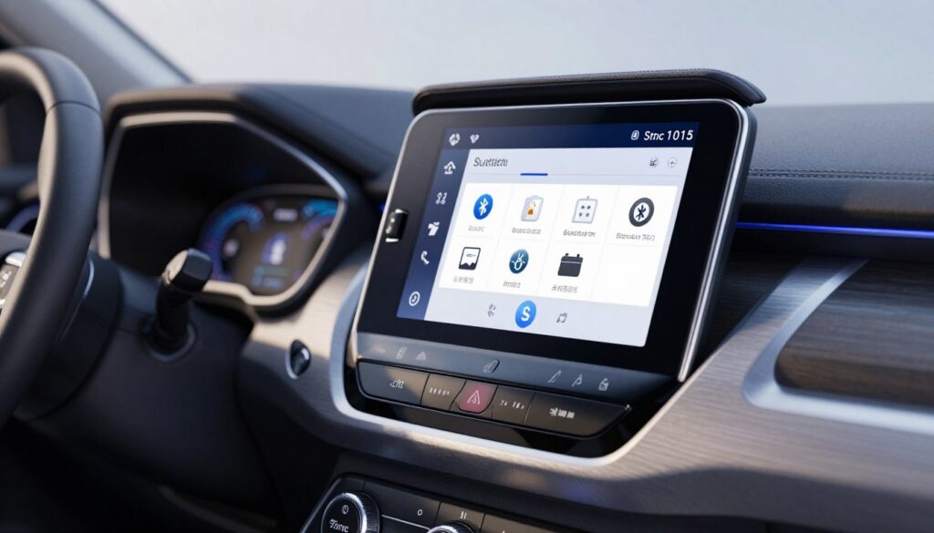 A close-up view of a Ford SYNC system interface displayed on a sleek car dashboard. The screen shows the Bluetooth settings menu with various icons and options illustrated clearly, surrounded by the modern contours of the dashboard. The foreground features a glimmering touch screen with a reflective surface, emphasizing the advanced technology. The middle layer includes the stylish dashboard materials, like brushed aluminum and soft-touch plastics, integrated buttons, and control knobs. The background showcases a softly blurred view of the car's interior, with ambient soft blue and white lighting to evoke a calm and modern atmosphere. The image should convey a sense of sophistication and ease of use, making the Ford SYNC system look inviting and user-friendly.