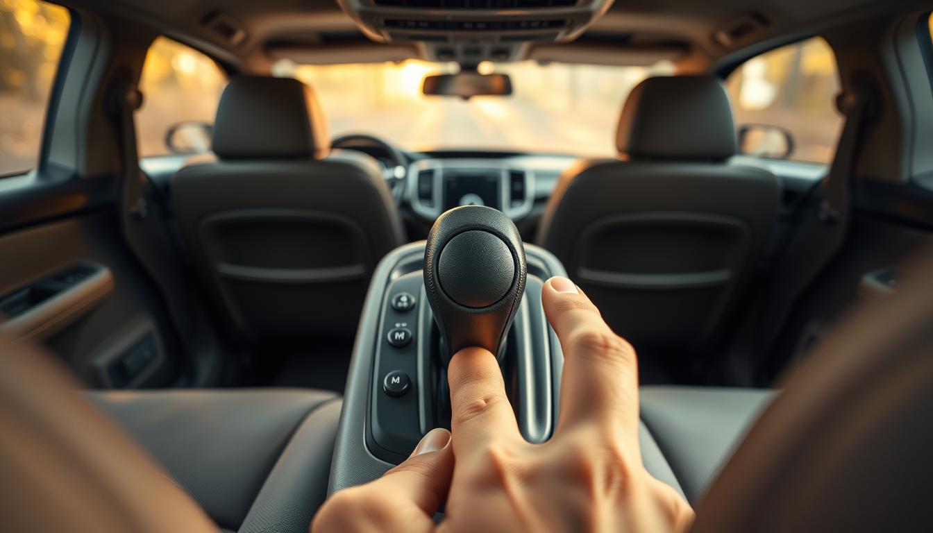 A close-up view of a Honda Odyssey's manual shift lock release mechanism, featuring a clear focus on the gear shifter in the center of the image. The shifter is surrounded by neutral indicators, with a detailed view of the lock release button being pressed. In the background, the interior of the van is softly lit, showcasing plush seating and a well-maintained dashboard, creating a functional and inviting atmosphere. The lighting is warm and inviting, emphasizing the mechanics while providing a sense of calm. Capture the scene from a slightly elevated angle to highlight the intricacies of the shift lock mechanism. The overall mood should be practical and informative, showcasing the process clearly without distractions. No text or branding is present in the image.