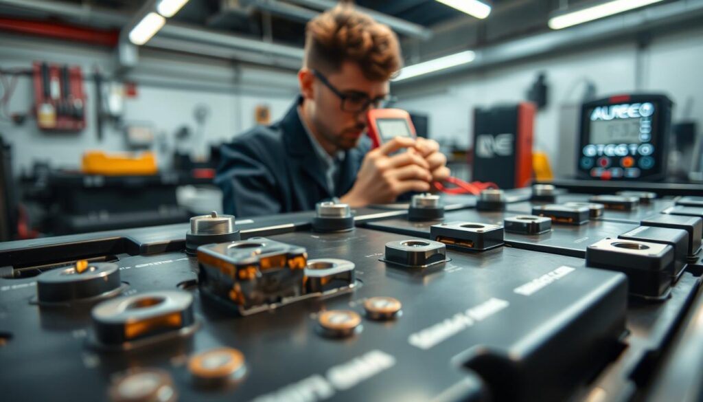 A close-up view of a Tesla Model 3 battery cell, displaying visible signs of degradation such as slight swelling and corrosion. In the foreground, crisp details of the battery terminals and circuitry are illuminated by bright, diffused lighting that highlights imperfections. In the middle ground, a technician in professional attire inspects the battery with a multimeter, focusing on the health indicators. The background features a soft-focus workshop environment, with tools and charging equipment subtly visible, creating a technical atmosphere. The overall mood is serious and informative, emphasizing the importance of battery maintenance over time. Use a wide-angle lens effect to capture the depth and complexity of the scene.