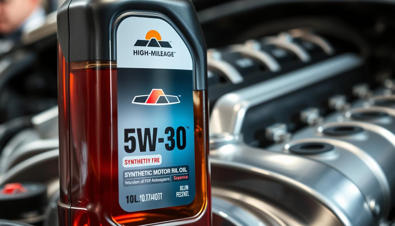 A close-up view of a bottle of high-mileage 5W-30 synthetic motor oil, showcasing its vibrant, translucent liquid with a rich, deep amber color. The bottle features sleek, modern packaging with a carefully designed label that hints at premium quality, set against a polished automotive workshop backdrop. In the foreground, a shiny, well-maintained engine is partially visible, reflecting the oil bottle and emphasizing its role in engine performance. Soft, diffused lighting highlights the bottle while casting subtle shadows, creating a professional, clean atmosphere. The angle captures the oil's texture and potential, suggesting a focus on optimal engine care and performance without any text or distractions.