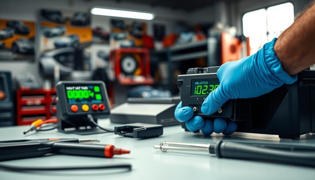 A close-up view of a car battery's health monitor display, showcasing the battery status in a vibrant green with icons representing charge levels. In the foreground, a professional mechanic's hand adjusts the cables and connectors carefully, wearing blue gloves. In the middle ground, tools such as a multimeter and screwdriver lie on a clean workbench, emphasizing a hands-on technical setting. The background features a blurred mechanic's garage with automotive posters and shelves filled with spare parts, creating a professional environment. Soft, natural lighting filters in from a nearby window, casting gentle shadows and adding warmth to the image. The overall mood is focused and knowledgeable, illustrating the importance of maintaining battery health in vehicles.