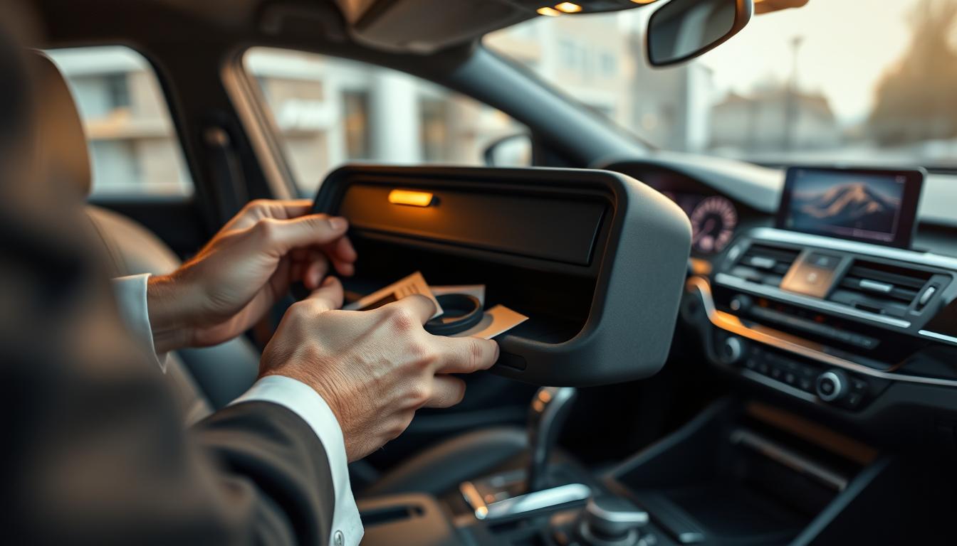 A close-up view of a car glove box, slightly ajar, revealing a glimpse of its contents, including a few scattered car manuals and tools. The foreground features a pair of hands in professional attire attempting to open the stuck glove box, showing determination and skill. The middle ground highlights the finely detailed interior of the car, with leather seats and an elegant dashboard illuminated by soft, warm lighting. In the background, various car interior elements create a cohesive look, emphasizing the vehicle's modern design. The mood is focused and practical, suggesting a sense of empowerment in resolving everyday car issues. The composition is sharp, captured with a 50mm lens to emphasize detail and clarity.