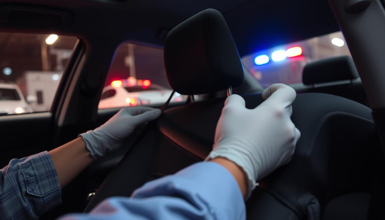 A close-up view of a car's interior showing a passenger seat with a focus on a seat belt mechanism being reset. In the foreground, a pair of hands in professional attire, perhaps wearing gloves, are demonstrated carefully adjusting and clicking the seat belt back into place. The middle ground features the seat with frayed edges and slight damage, indicating a recent accident. The background shows a slightly blurred view of an accident scene outside the vehicle, with emergency lights casting a red and blue glow, enhancing the urgency. The lighting is natural, capturing the details of the car's upholstery while maintaining a somber yet professional atmosphere, highlighting the importance of safety post-accident. The angle captures the scene from slightly above, giving a clear, informative view of the action being performed.