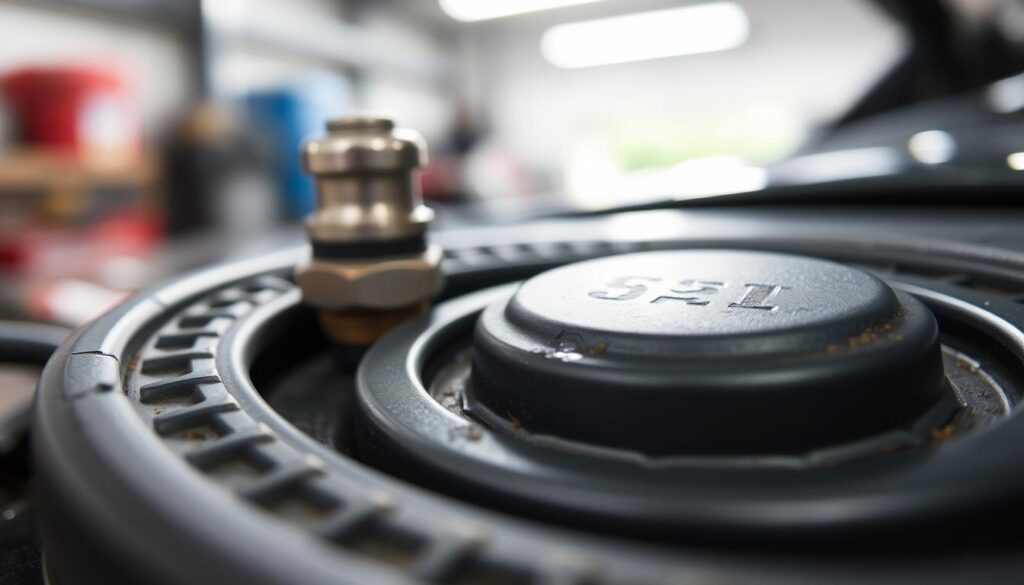 A close-up view of a gas cap gasket, designed to emphasize its intricate details and texture. The foreground showcases the flexible, rubber material of the gasket, highlighting its grooves and tear-resistant features. In the middle ground, include a pressure relief valve, displaying its functional components alongside the gasket, with subtle reflections hinting at a metallic finish. The background should be softly blurred, suggesting a well-lit garage environment, enhancing the technical atmosphere of the scene. Use natural, diffused lighting to capture realistic shadows and highlights, and employ a macro lens effect to accentuate the fine details of the gasket and valve. Aim for a clean, informative visual that conveys the importance of inspection and maintenance.