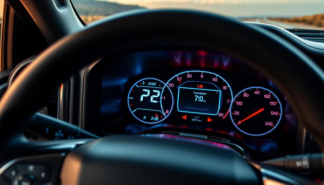 A close-up view of a high-tech vehicle dashboard displaying the transmission temperature gauge of a Chevrolet Silverado. The foreground features a sleek digital gauge with vibrant temperature readings, illuminated softly in a blue hue. The middle ground showcases the dashboard, with polished metal and carbon fiber accents, framed by a leather steering wheel, reflecting a sense of modern engineering. In the background, a blurred landscape hints at a road setting, emphasizing the vehicle's performance. The lighting is warm and inviting, giving the atmosphere a sense of reliability and precision, while maintaining a professional and technical feel. No text or graphics are present.