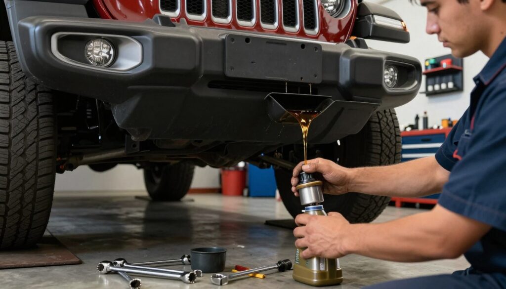 A close-up view of a mechanic performing an oil change on a Jeep Gladiator in a well-lit garage. In the foreground, a mechanic in professional attire is focused on replacing the oil filter, surrounded by essential tools like wrenches and oil containers. The middle ground features the Jeep Gladiator elevated on a hydraulic lift, showcasing its undercarriage with a glint of fresh oil being drained into a pan. In the background, wall-mounted tool racks and an organized workspace create a clean, efficient atmosphere. Soft, even lighting highlights the metallic surfaces and the rich, deep colors of the Jeep, conveying a professional yet accessible mood, emphasizing the importance of vehicle maintenance and care.