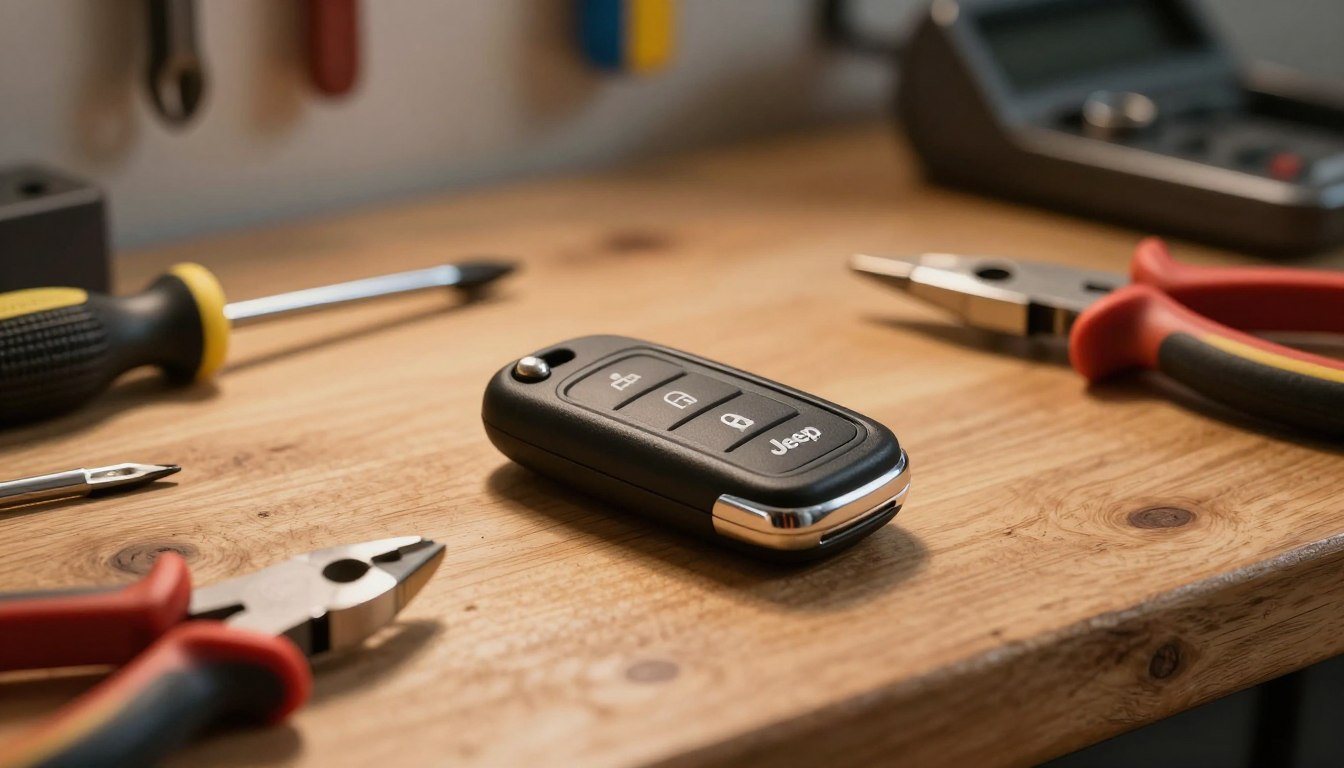 A close-up view of a modern Jeep key fob lying on a wooden workbench, surrounded by small tools such as a screwdriver and a pair of pliers. The key fob is sleek and stylish, showcasing buttons for locking and unlocking, with a subtle Jeep logo prominently displayed. Warm, soft lighting illuminates the scene, casting gentle shadows that add depth. In the background, faint hints of a mechanic's workshop can be seen, with tools hanging on the wall and an organized workspace, creating a professional atmosphere. The overall mood is focused and efficient, reflecting the ease of programming a Jeep key fob, suitable for an instructional article.