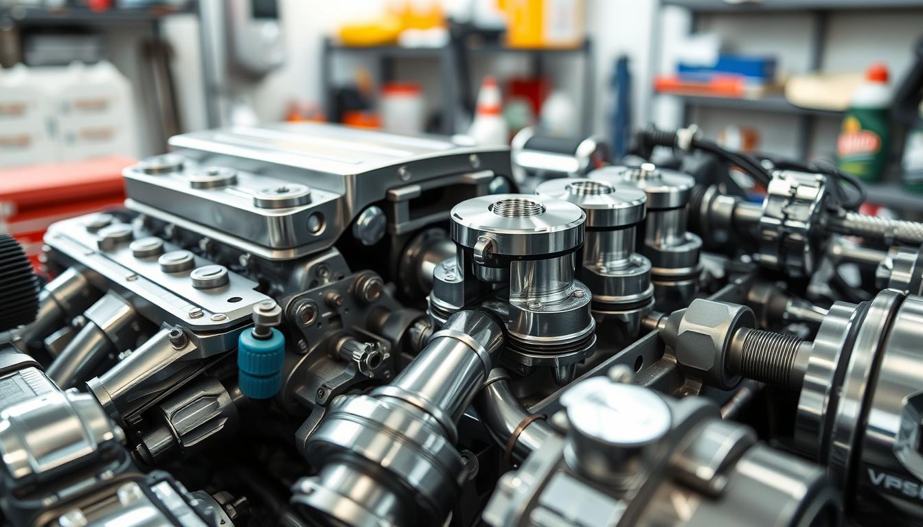 A close-up view of a modern car engine in pristine condition, showcasing elaborate and intricate components such as the engine block, pistons, and valves with polished metal and bright chrome accents. In the foreground, highlight the texture of the metallic surfaces glistening under soft, natural lighting, emphasizing reflections and shadows. In the middle ground, incorporate details like carefully arranged tools, such as wrenches and oil bottles, hinting at recent maintenance. The background should be a hint of a clean garage environment, with subtle hints of shelves filled with automotive supplies, soft-focus to create depth. The overall atmosphere is professional and informative, conveying a sense of care and precision in automotive upkeep, ideal for illustrating the benefits of engine maintenance products.