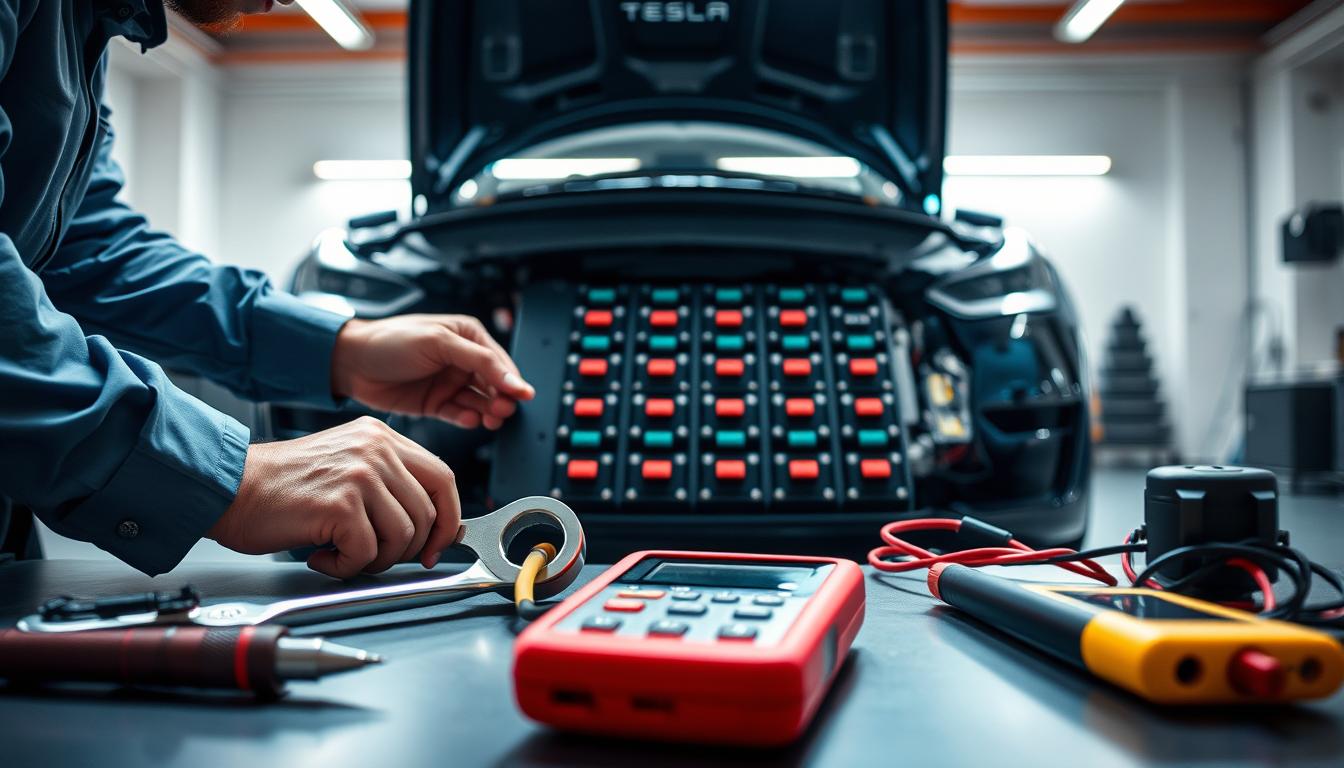 A close-up view of a technician in professional attire carefully replacing a Tesla battery, showcasing the intricate details of the battery pack. In the foreground, tools like a wrench and multimeter lay strategically beside the technician&rsquo;s hands, emphasizing precision. The middle ground features the partially exposed Tesla vehicle with vibrant battery cells visibly arranged in a sleek manner. In the background, a modern, well-lit garage with soft, diffused lighting enhances the atmosphere, adding a touch of professionalism. The scene conveys a sense of diligence and innovation in electric vehicle maintenance, with a focus on the technical aspects of battery replacement.