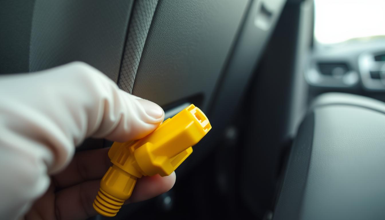 A close-up view of a yellow airbag connector located under a car seat, depicted in vivid detail. The foreground features the brightly colored connector being gently unplugged, with fingers wearing light protective gloves for safety. In the middle ground, the car seat is visible, showing fabric texture and metal components. The background displays a faint view of the vehicle's interior, creating context without distraction. The lighting is soft yet focused, emphasizing the connector's details and casting gentle shadows. The angle is slightly low to highlight the connection point, creating a sense of careful inspection. The overall mood is technical and informative, conveying a sense of safety and professionalism.