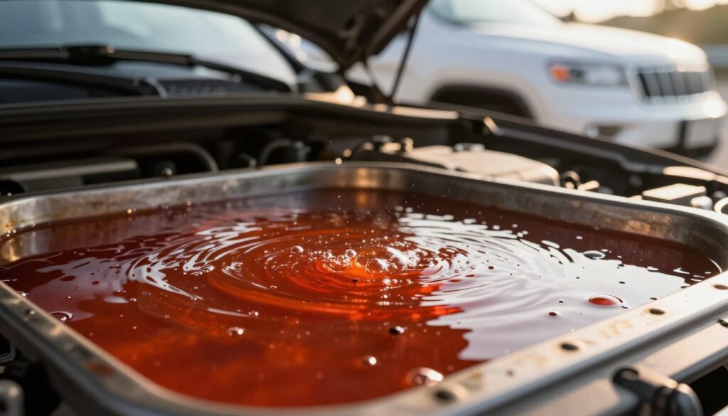 A close-up view of warm, shimmering transmission fluid pooled in a metal draining pan, reflecting soft golden light from a nearby engine bay. The fluid exhibits a vibrant reddish hue, indicating its heated state, with subtle bubbles rising to the surface. In the background, an out-of-focus Jeep Grand Cherokee partially visible, showcasing its robust architecture. The scene is illuminated by warm, natural sunlight filtering through the open hood, creating a relaxed and focused atmosphere. The composition captures the essence of a meticulous maintenance practice, emphasizing clarity and detail in the fluid, with a shallow depth of field to draw attention to the warmth and texture of the fluid itself.